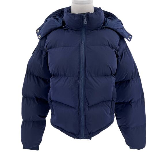 Good American Womens Iridescent Quilted Hooded Puffer Jacket in Blue Size Medium - Picture 1 of 16